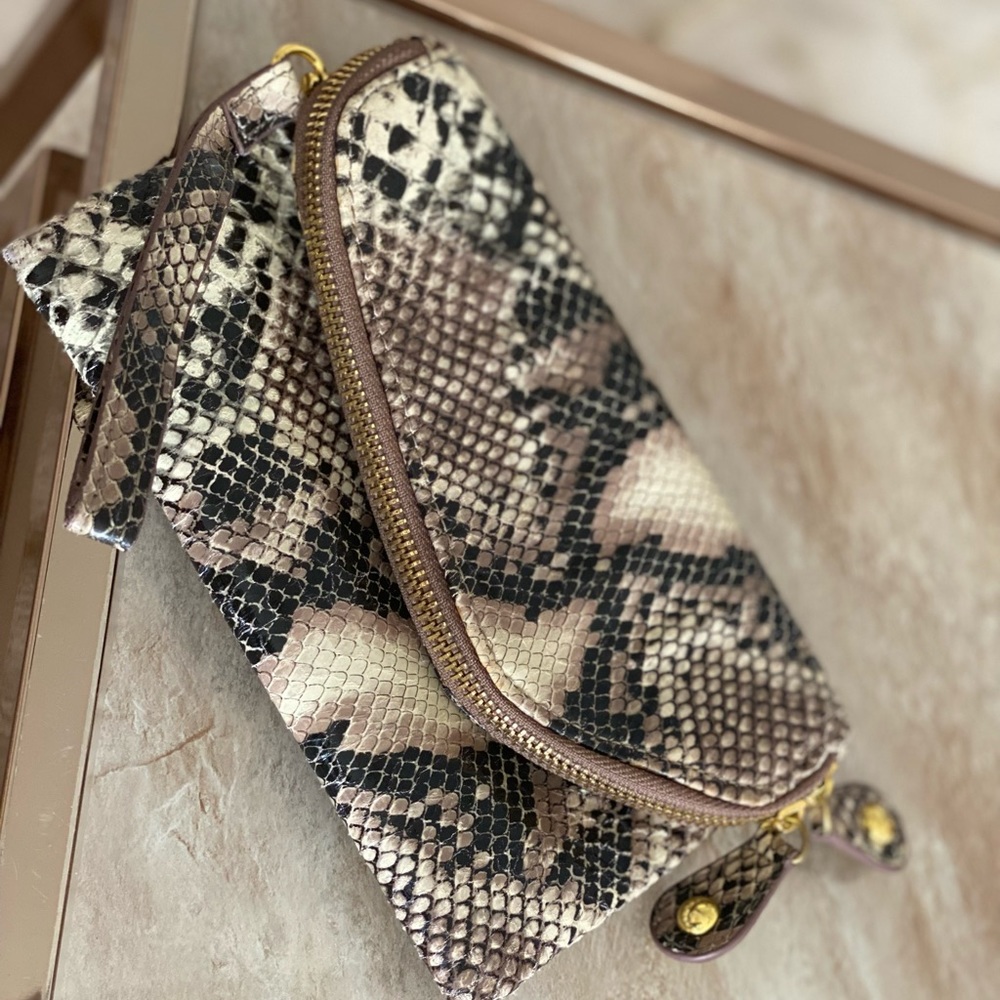 Faux Snake Print Wristlet Clutch in Neutral Tones